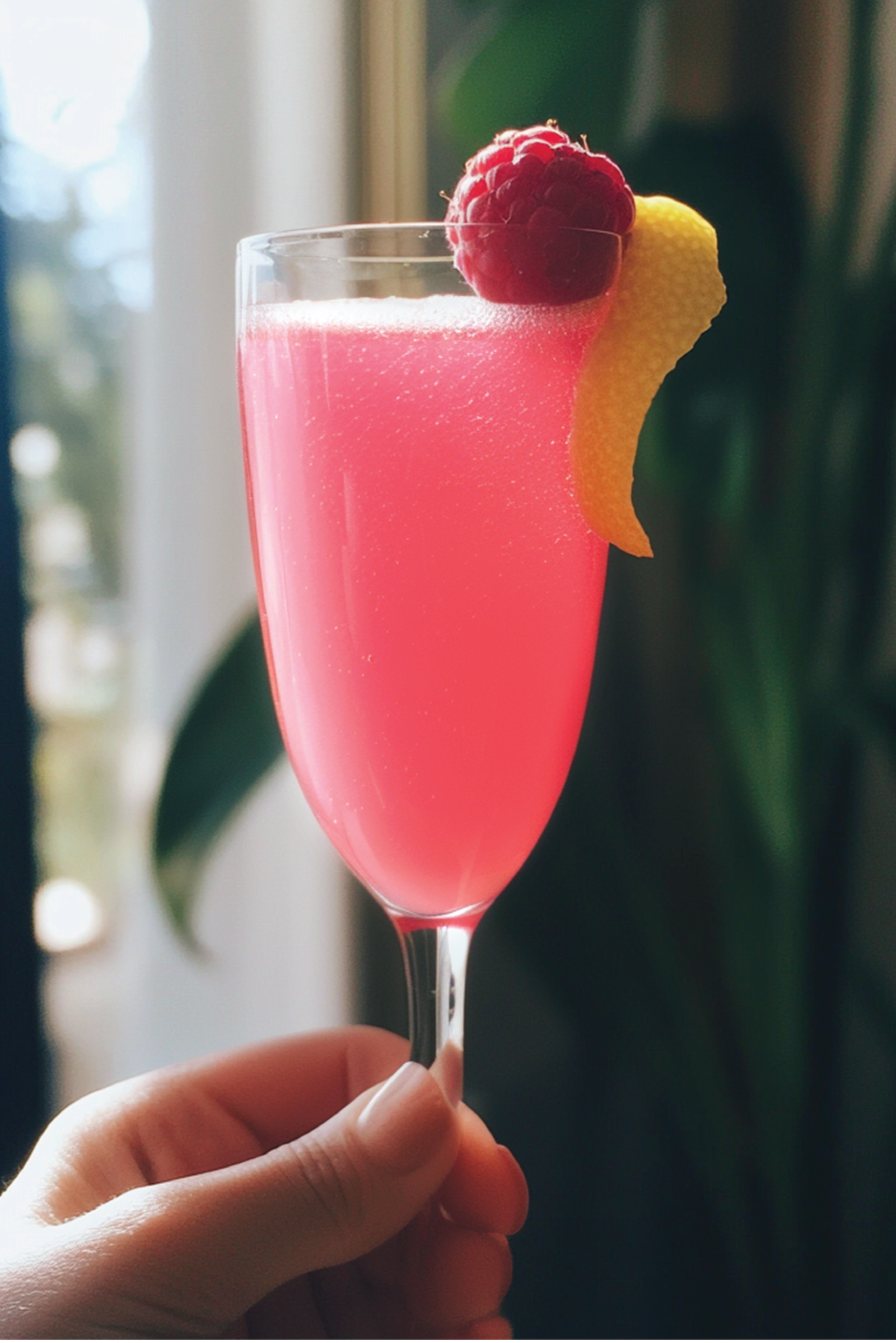 Pink cocktail in a glass with a lemon twist and raspberry, held by a hand, with a blurred indoor background.