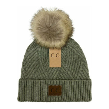 LARGE PATCH HEATHERED GEOMETRICAL BEANIE WITH FUR TOP