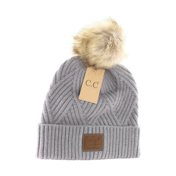 LARGE PATCH HEATHERED GEOMETRICAL BEANIE WITH FUR TOP