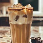 Glass of iced coffee with whipped cream and chocolate pieces on a kitchen counter.