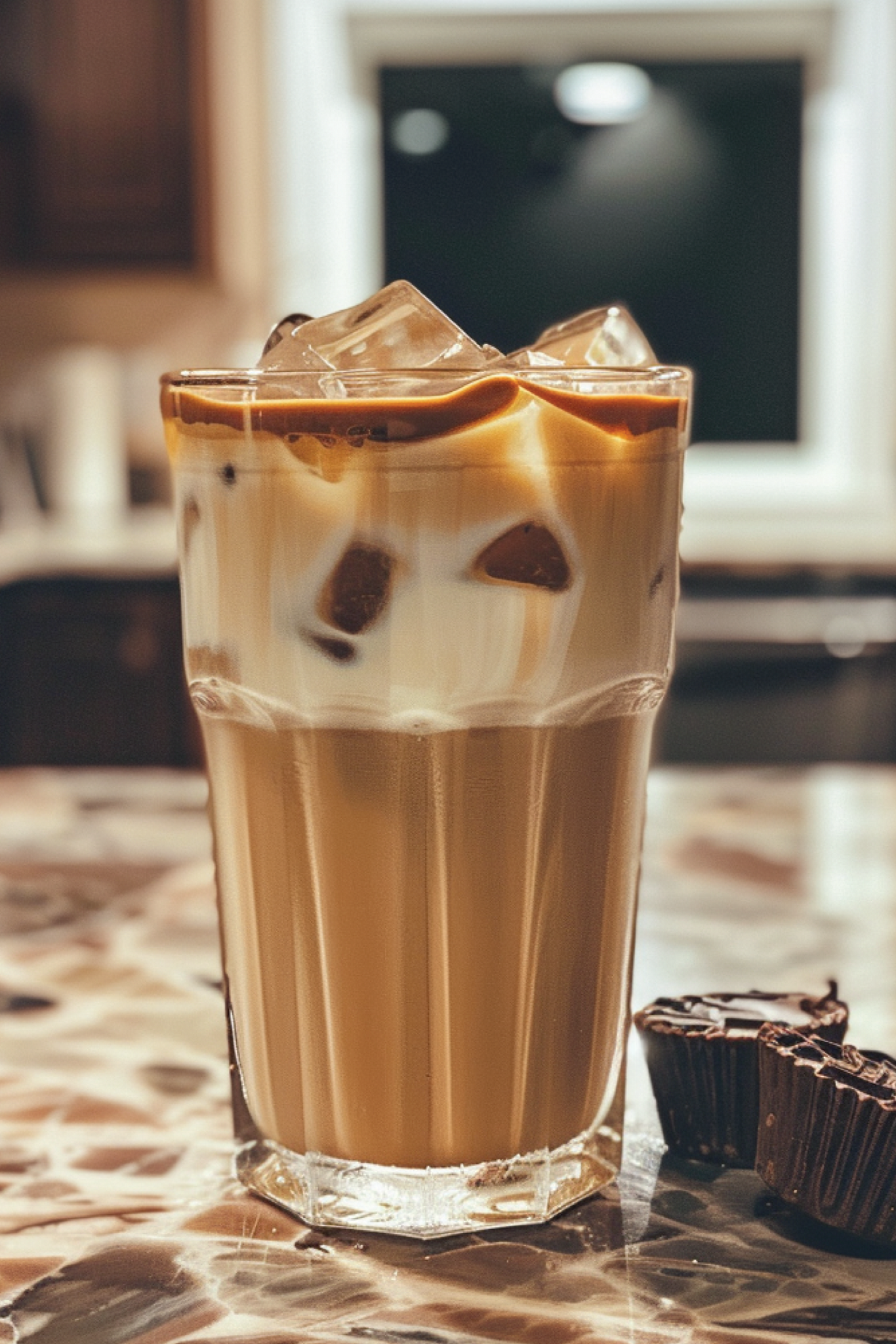 Glass of iced coffee with whipped cream and chocolate pieces on a kitchen counter.