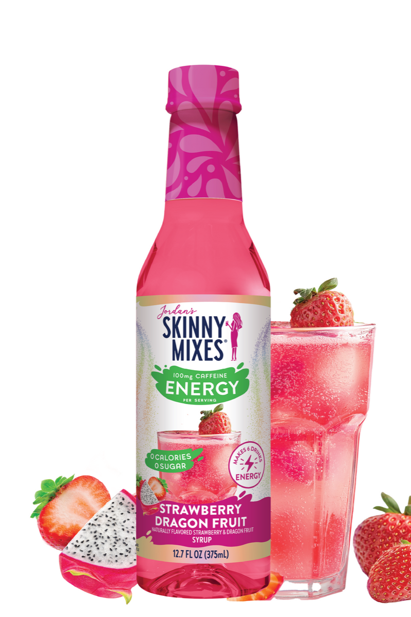 Skinny Mixes Strawberry Dragon Fruit drink mix bottle with a glass of pink drink and strawberries on a white background
