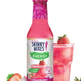 Skinny Mixes Strawberry Dragon Fruit drink mix bottle with a glass of pink drink and strawberries on a white background