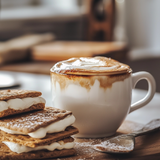 Cup of coffee with a dessert on a wooden board in a cozy setting