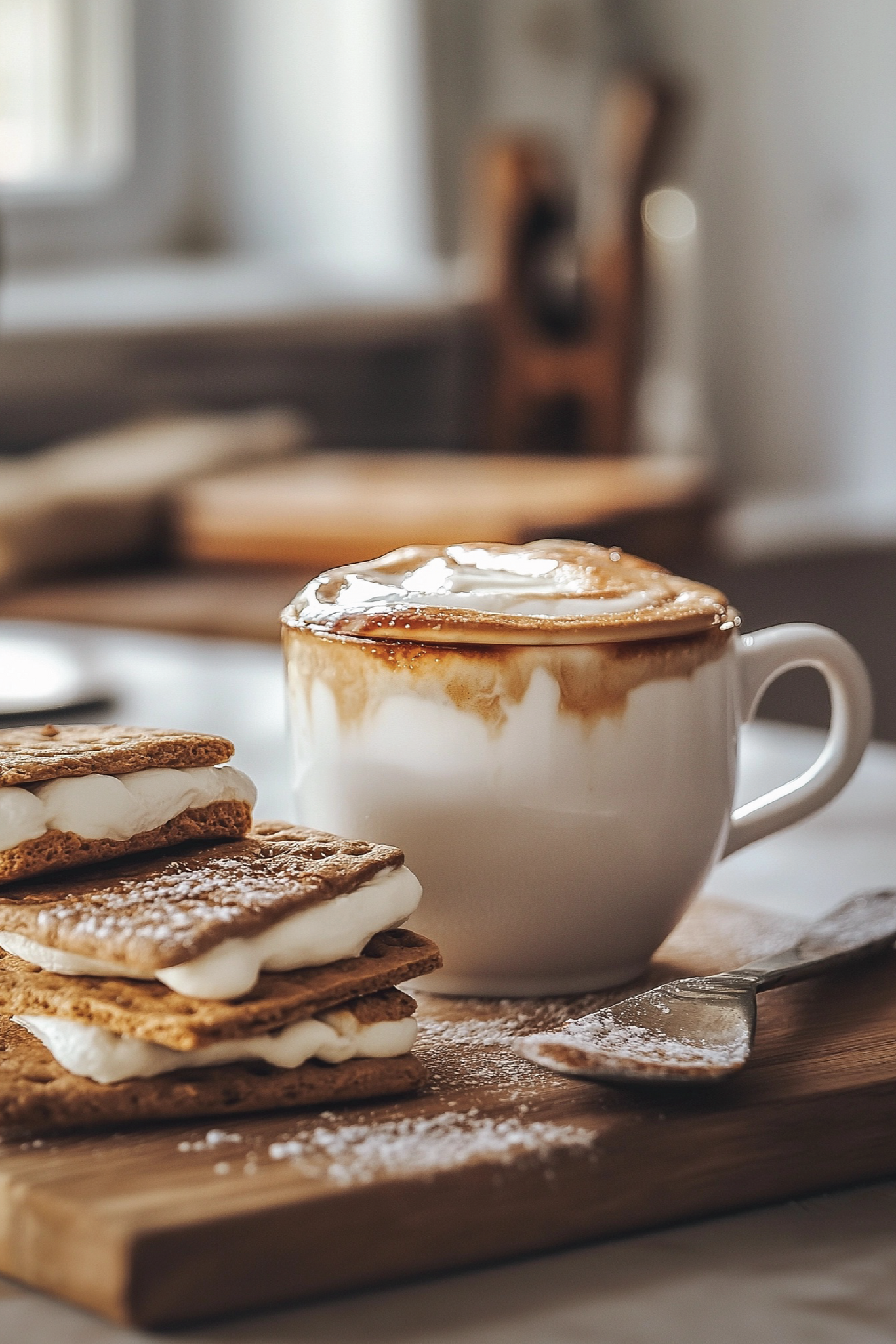 Cup of coffee with a dessert on a wooden board in a cozy setting