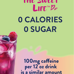 Bottle of Skinny Mixes Wild Berry drink mix with a glass of mixed berries and text about calories, sugar, and caffeine content.