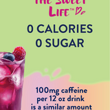 Bottle of Skinny Mixes Wild Berry drink mix with a glass of mixed berries and text about calories, sugar, and caffeine content.