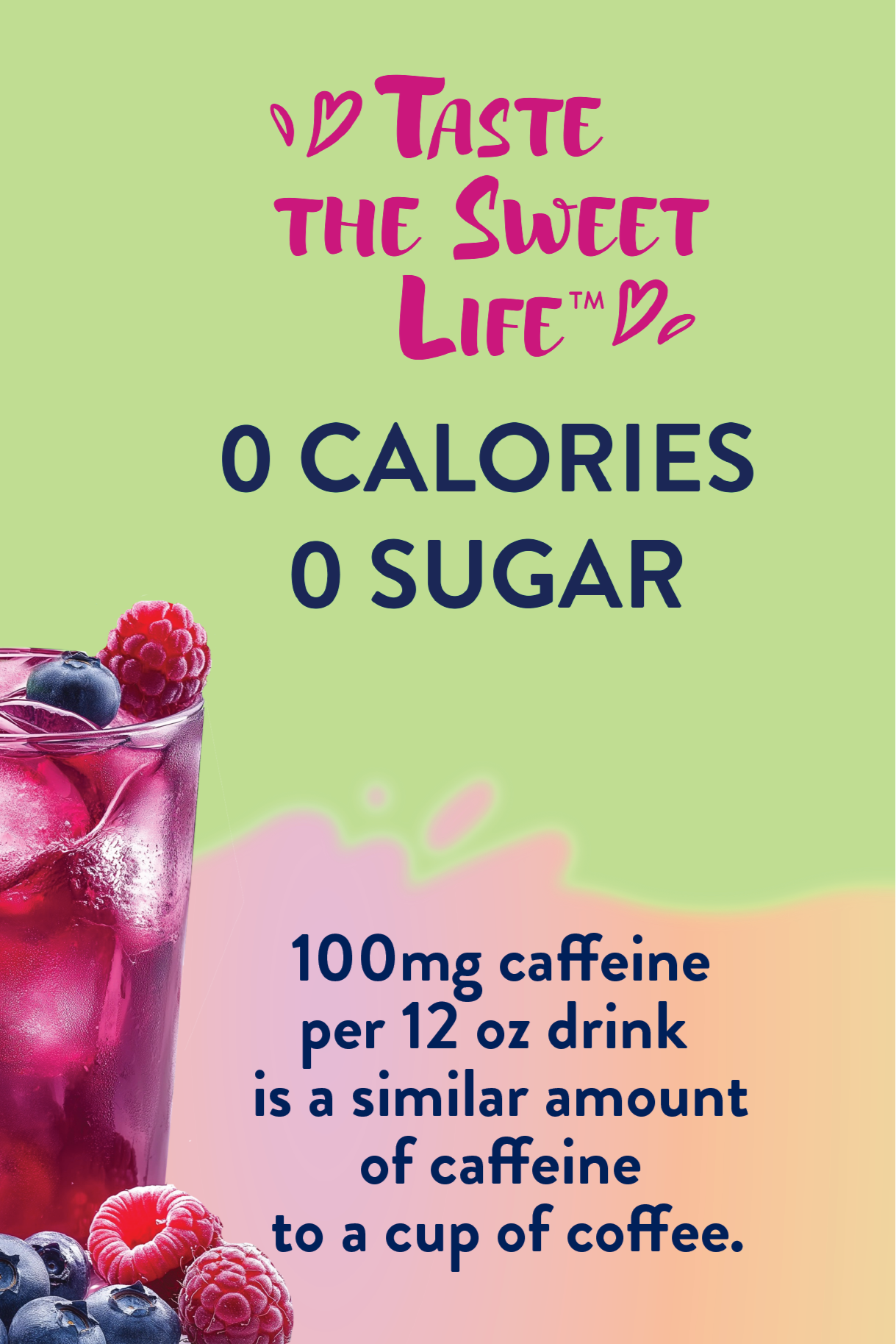 Bottle of Skinny Mixes Wild Berry drink mix with a glass of mixed berries and text about calories, sugar, and caffeine content.