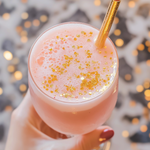 Pink cocktail with gold glitter and a straw held by a hand against a festive background.