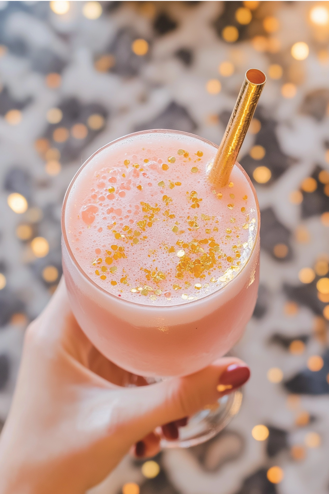 Pink cocktail with gold glitter and a straw held by a hand against a festive background.