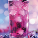 Glass of pink cocktail with ice and berries on a blurred background