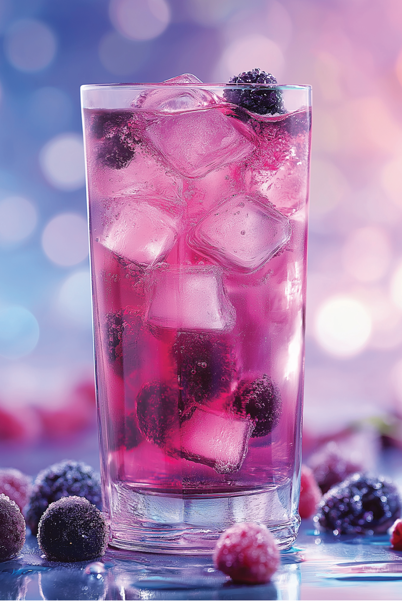 Glass of pink cocktail with ice and berries on a blurred background