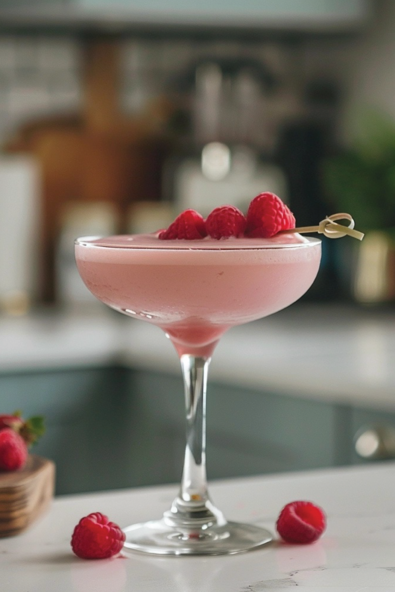 Pink cocktail with raspberries in a glass on a kitchen counter
