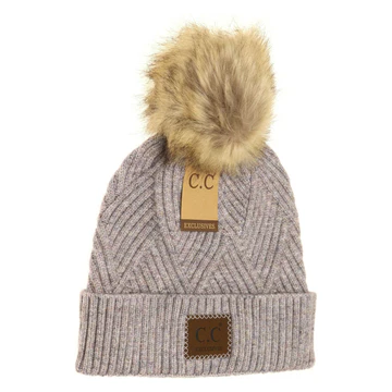 LARGE PATCH HEATHERED GEOMETRICAL BEANIE WITH FUR TOP