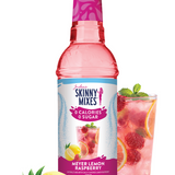 Skinny Mixes Meyer Lemon Raspberry syrup bottle with a glass of lemonade and fruit on a white background