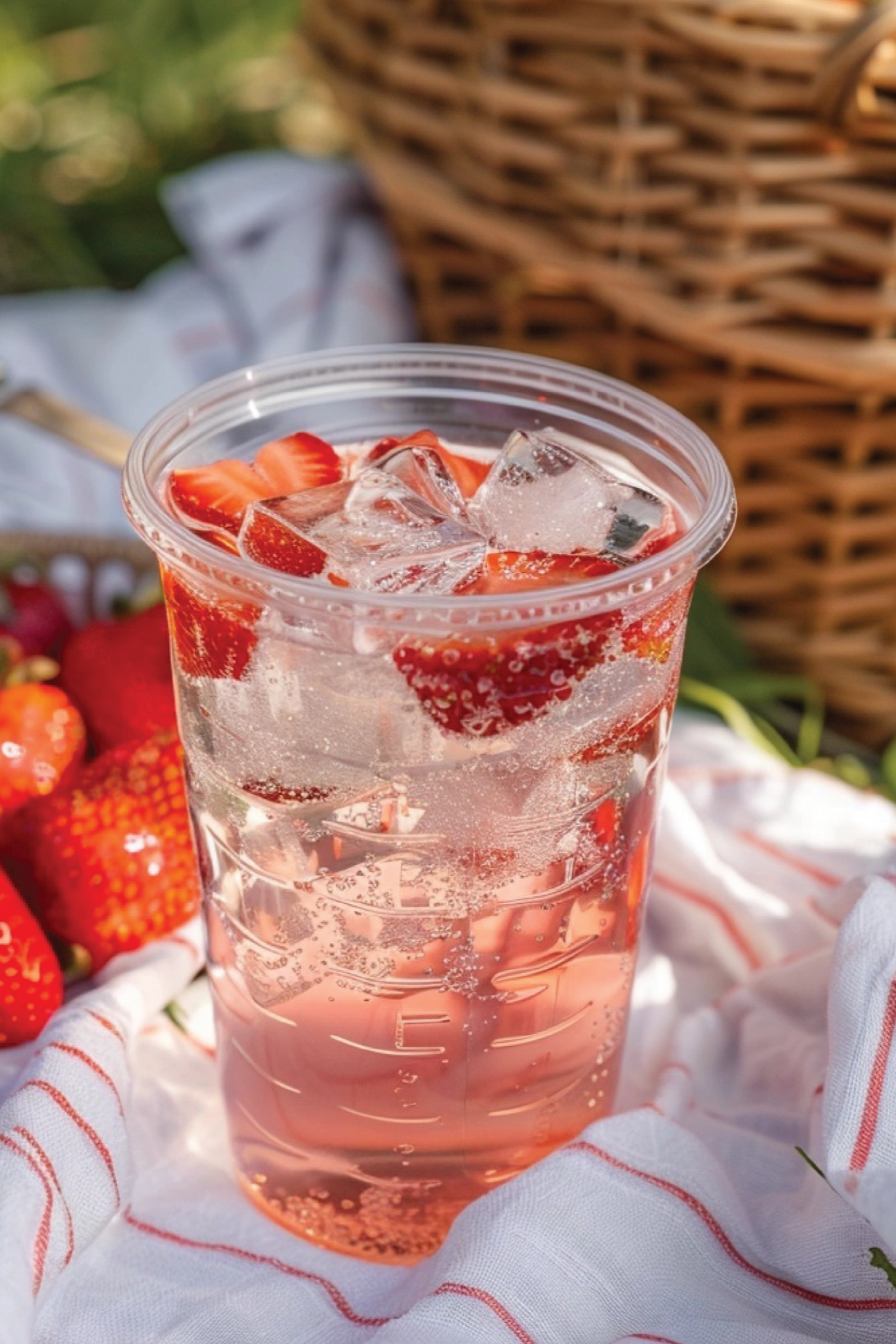 Strawberry iced drink in a clear cup with a picnic setting featuring strawberries and a basket.