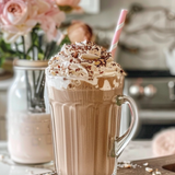 Glass of hot mocha with whipped cream and a straw on a wooden cutting board in a kitchen setting.