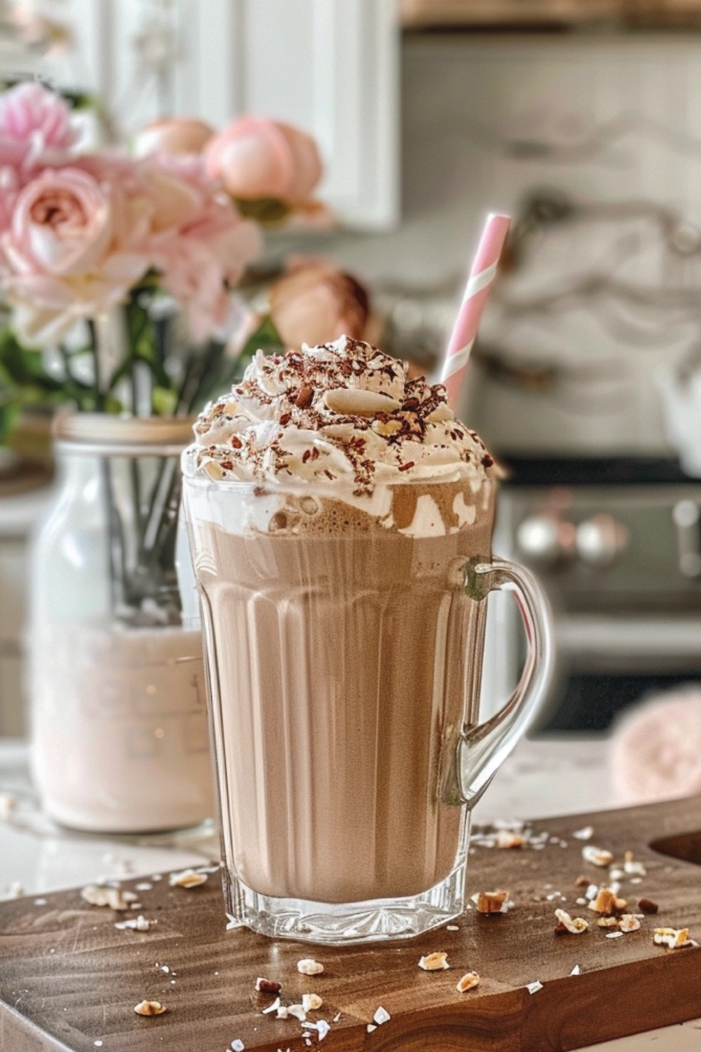 Glass of hot mocha with whipped cream and a straw on a wooden cutting board in a kitchen setting.