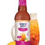 Skinny Mixes Sweet Tea bottle with a pitcher of tea and lemons on a white background