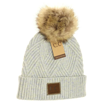 LARGE PATCH HEATHERED GEOMETRICAL BEANIE WITH FUR TOP