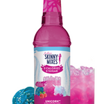 Pink bottle of Skinny Mixes Unicorn syrup with a glass of pink drink and berries on a white background