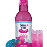 Pink bottle of Skinny Mixes Unicorn syrup with a glass of pink drink and berries on a white background