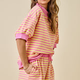 Mock Neck Striped Lounge Sweatshirt w/ 3/4 Sleeves