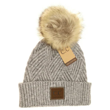 LARGE PATCH HEATHERED GEOMETRICAL BEANIE WITH FUR TOP