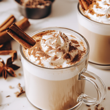 Two mugs of hot chocolate with whipped cream and cinnamon sticks on a marble surface.
