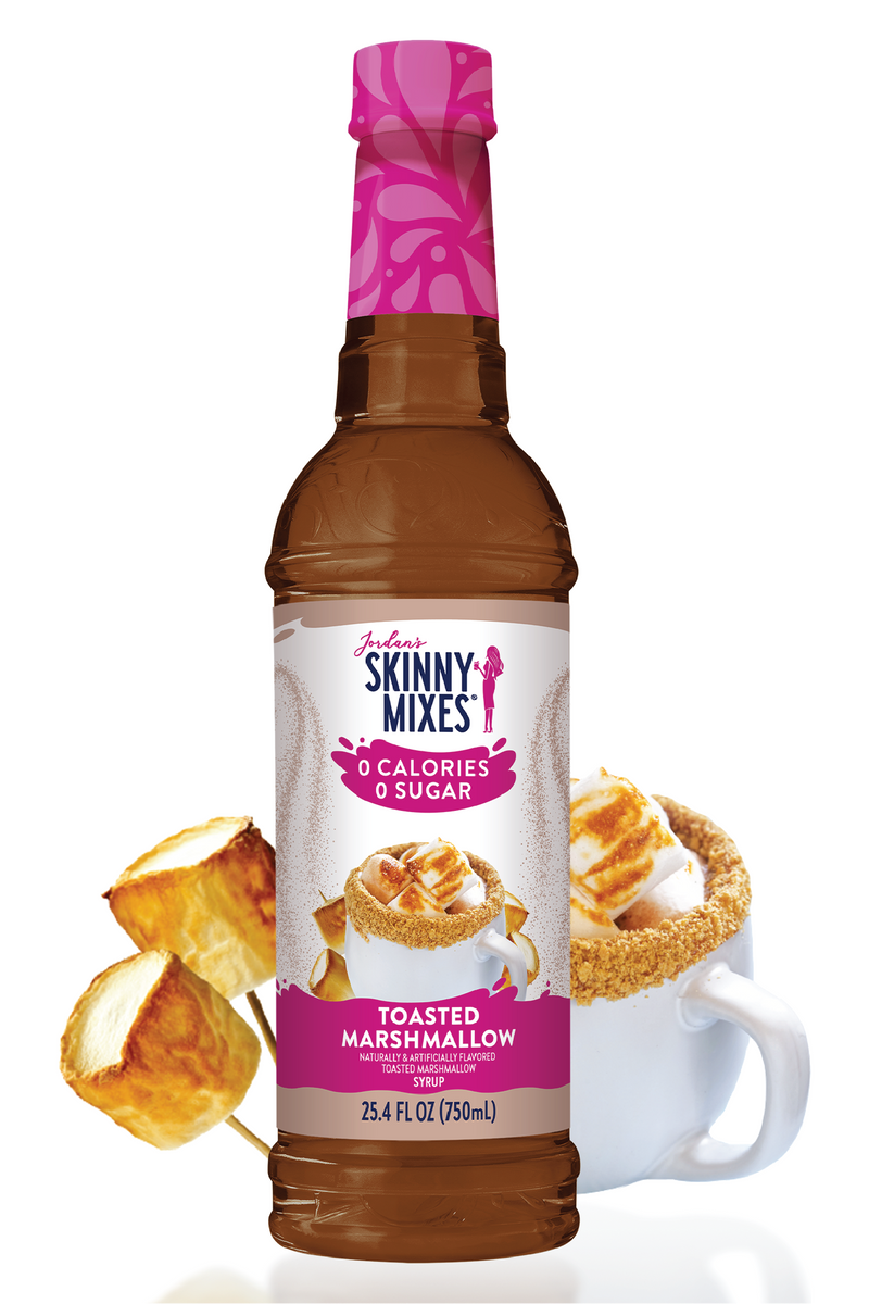 Bottle of Skinny Mixes Toasted Marshmallow syrup with a pink cap on a white background