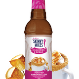 Bottle of Skinny Mixes Toasted Marshmallow syrup with a pink cap on a white background