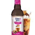 Skinny Mixes S'mores syrup bottle with a glass of iced coffee and s'mores on a white background