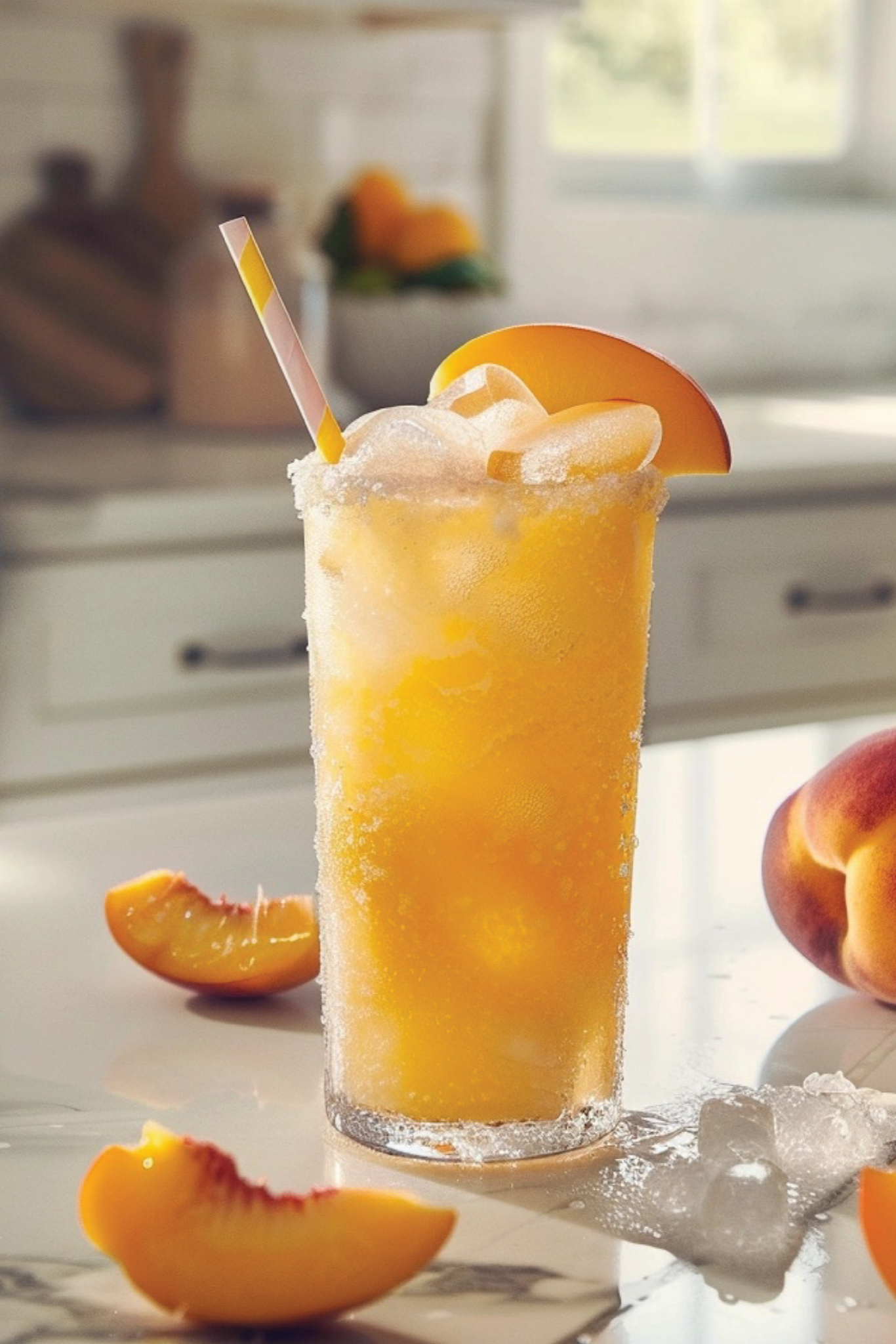 Peach-themed drink with ice and a peach slice on a kitchen counter