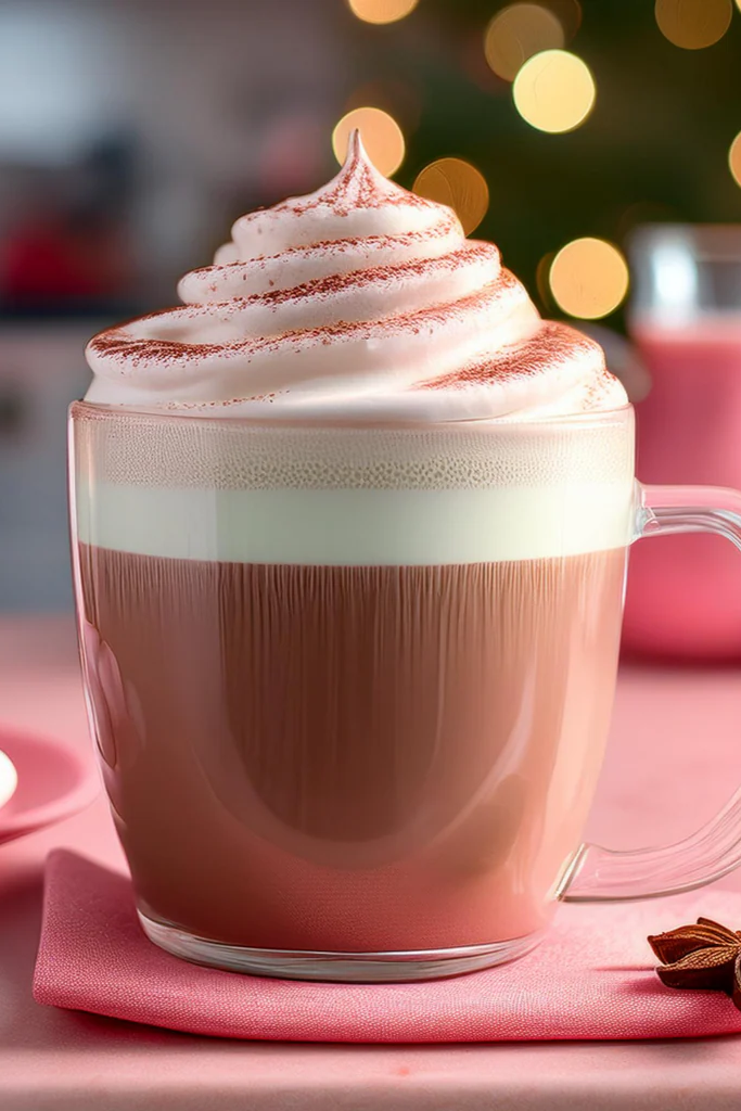 Hot chocolate with whipped cream in a clear mug on a pink surface, with blurred lights in the background.