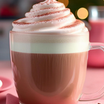 Hot chocolate with whipped cream in a clear mug on a pink surface, with blurred lights in the background.
