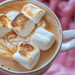 Hot chocolate with marshmallows in a white mug against a pink textured background
