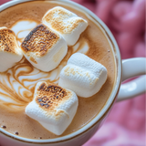 Hot chocolate with marshmallows in a white mug against a pink textured background
