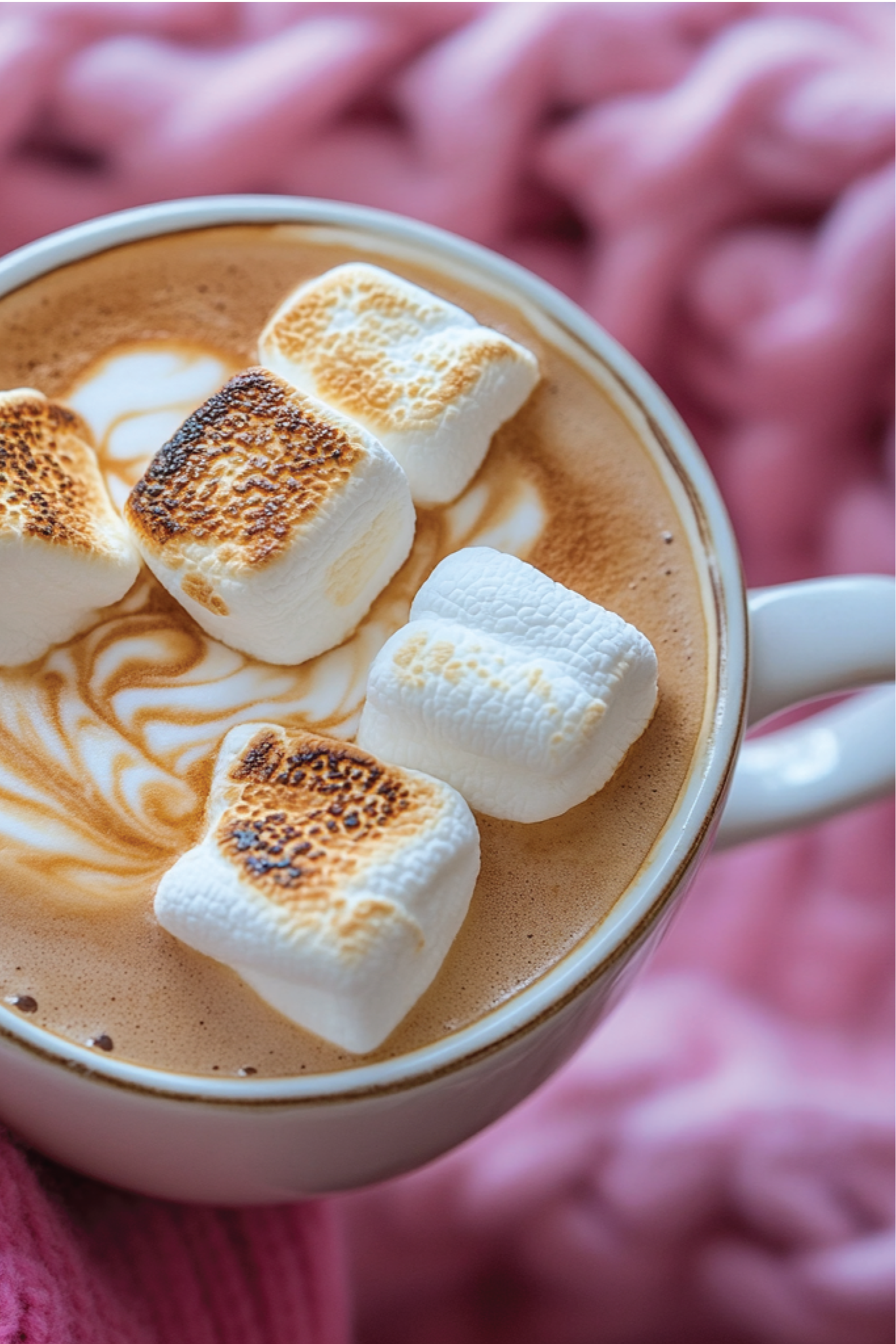 Hot chocolate with marshmallows in a white mug against a pink textured background