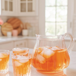 Clear pitcher and glasses of iced tea on a kitchen counter with lemons.
