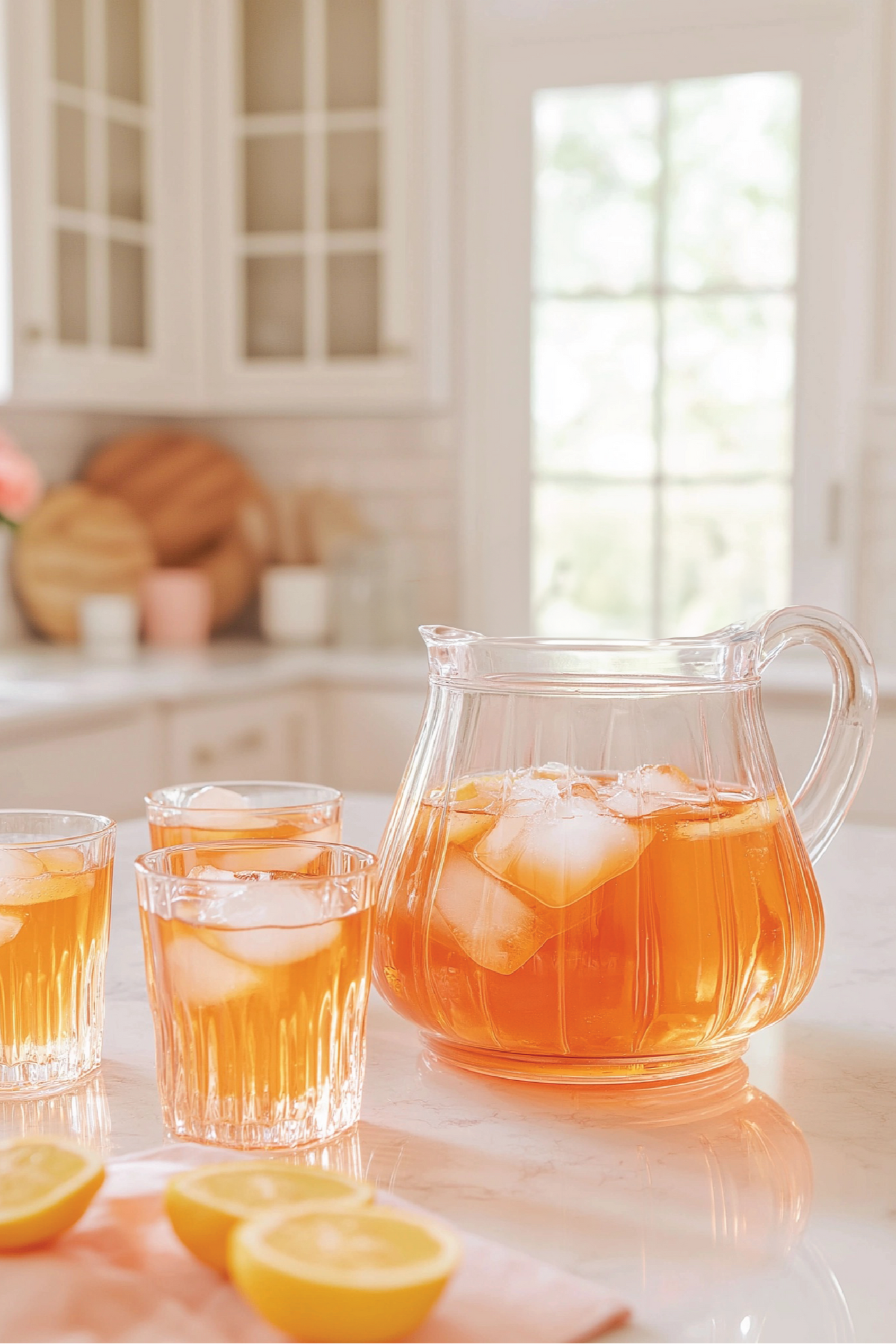 Clear pitcher and glasses of iced tea on a kitchen counter with lemons.