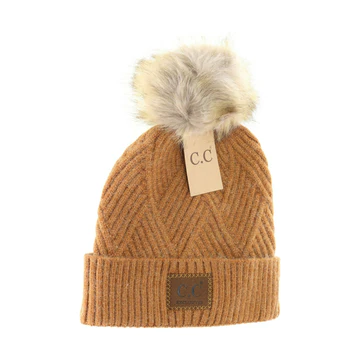 LARGE PATCH HEATHERED GEOMETRICAL BEANIE WITH FUR TOP