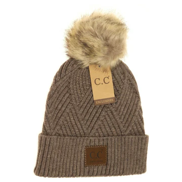 LARGE PATCH HEATHERED GEOMETRICAL BEANIE WITH FUR TOP