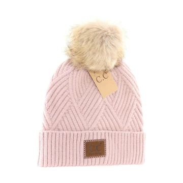 LARGE PATCH HEATHERED GEOMETRICAL BEANIE WITH FUR TOP