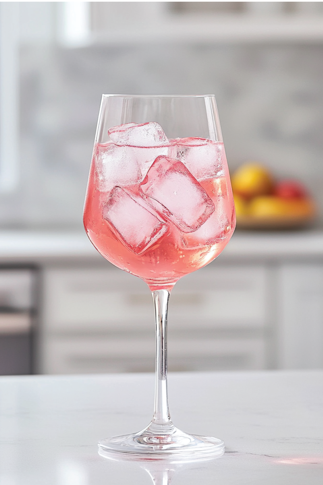 Pink cocktail with ice in a wine glass on a kitchen counter