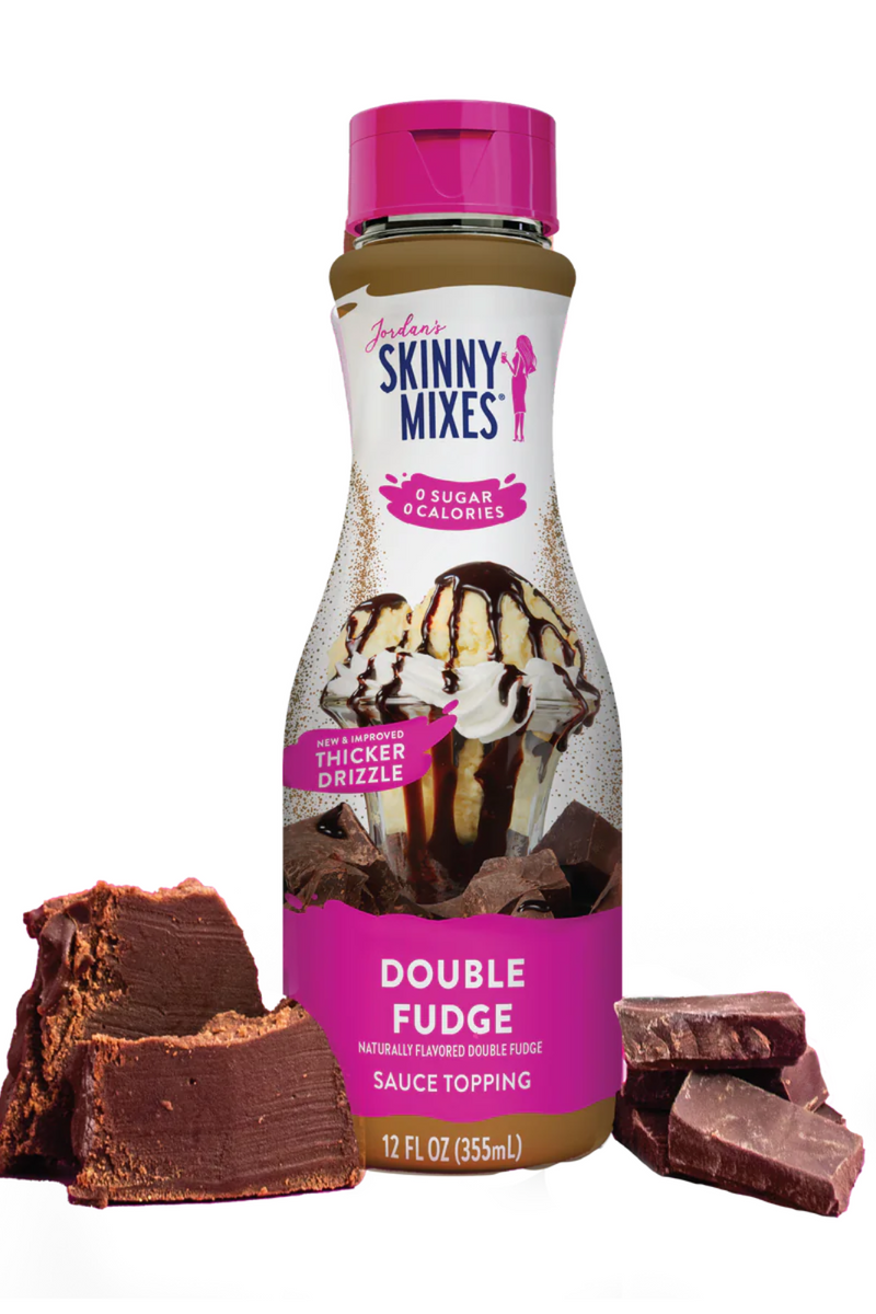 Skinny Mixes Double Fudge sauce topping bottle with chocolate pieces on a white background