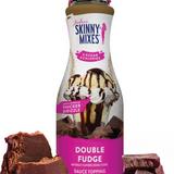 Skinny Mixes Double Fudge sauce topping bottle with chocolate pieces on a white background