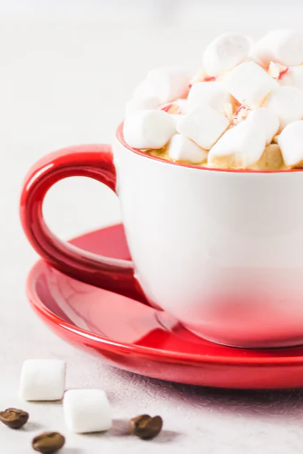 White mug with red handle filled with hot chocolate and marshmallows on a red saucer.