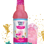 Pink bottle of Skinny Mixes Fairy Dust syrup with decorative elements on a white background