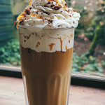 Cappuccino with whipped cream and chocolate shavings on a wooden table with a window in the background.