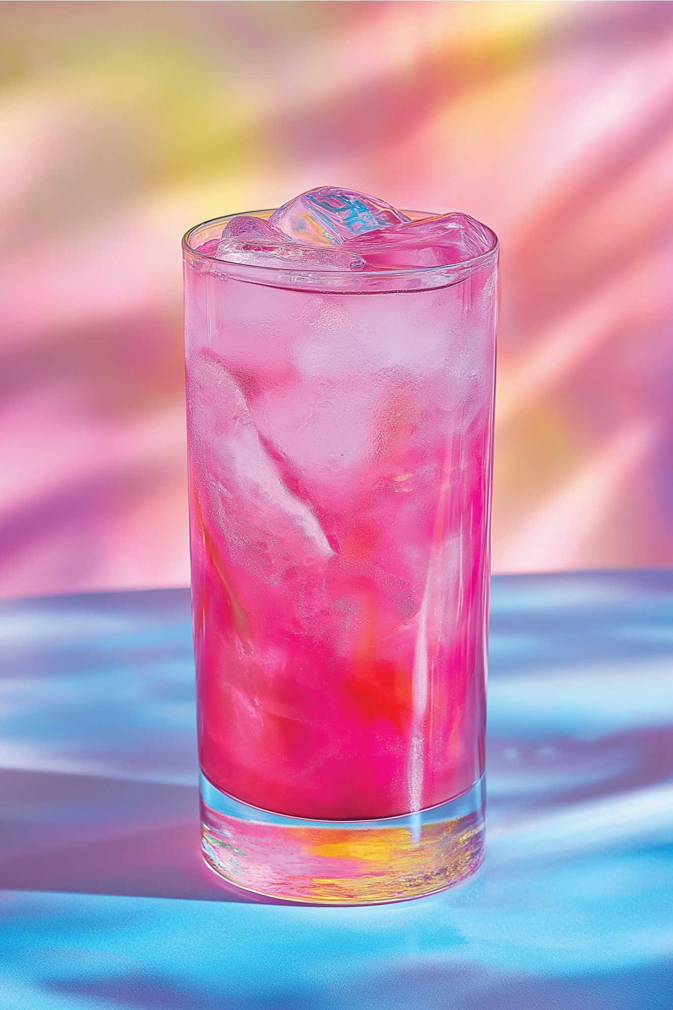 Glass of pink drink with ice cubes on a colorful background
